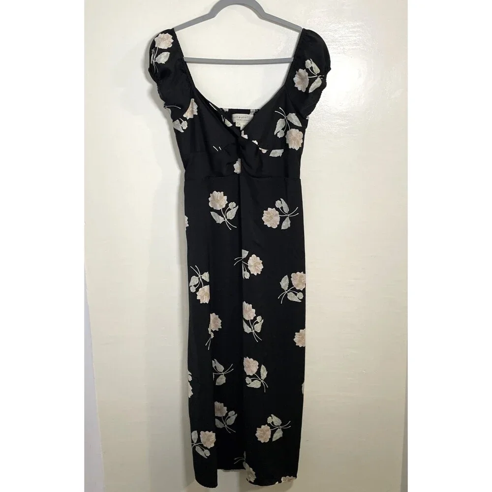 Anthropologie Saltwater Luxe Womens Black Cap Sleeve Floral Dress Medium Boho